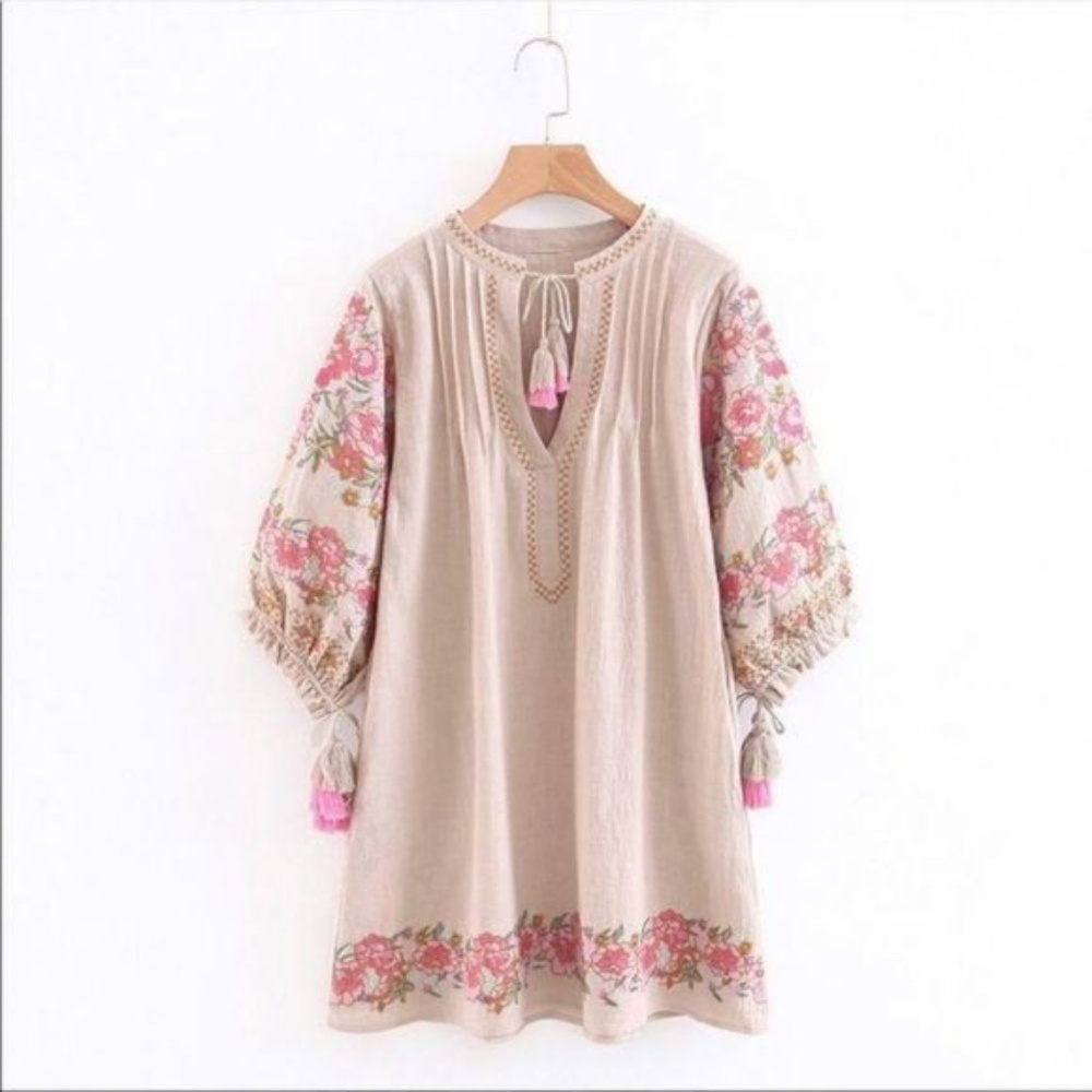 Embroidered Floral Puff Sleeve Boho Dress tan - Picture 7 of 7